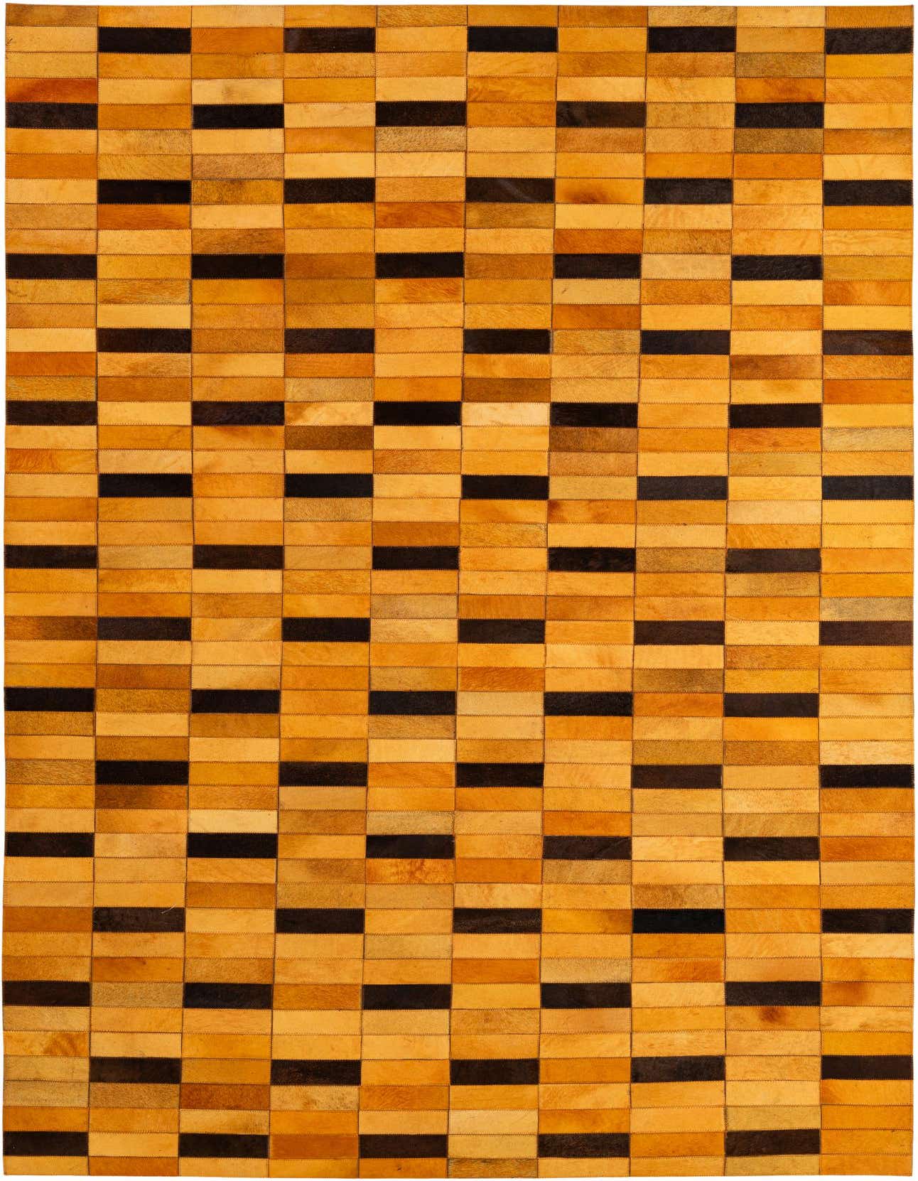 A 5x8 rectangular Cowhide - Patchwork rug featuring a modern pattern of alternating orange and dark brown rectangular patches.