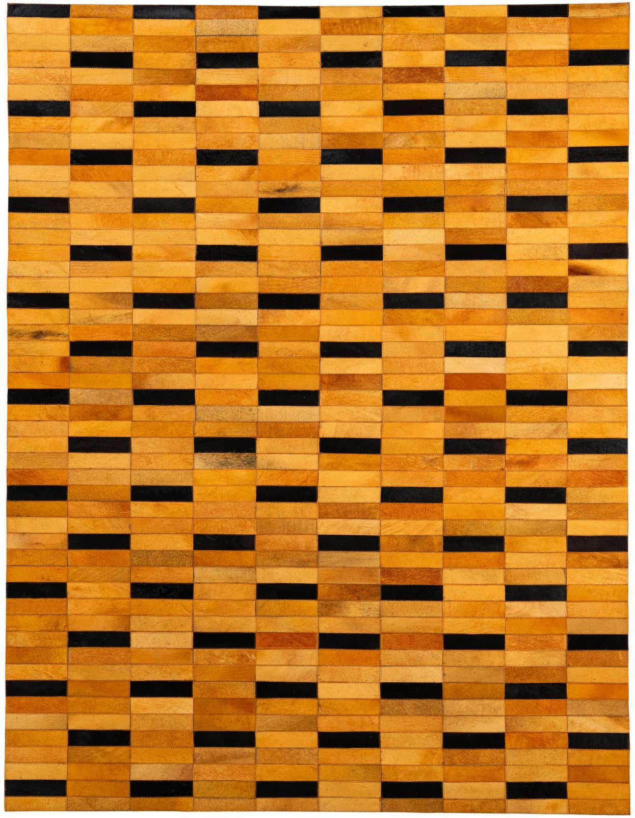 A 5x8 rectangular modern rug featuring a patchwork of orange and black cowhide strips, ideal for a living room.