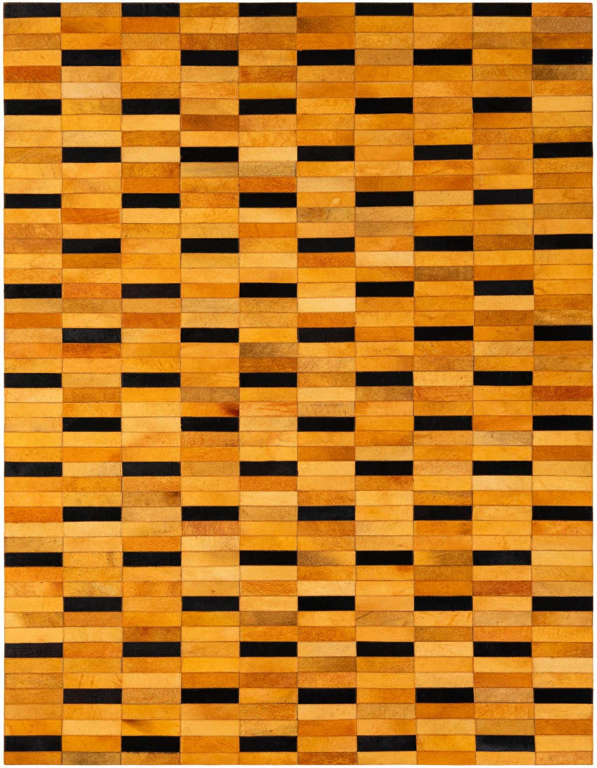 A 5x8 rectangular Cowhide - Patchwork rug featuring a modern stripe pattern of alternating orange and black rectangular patches.
