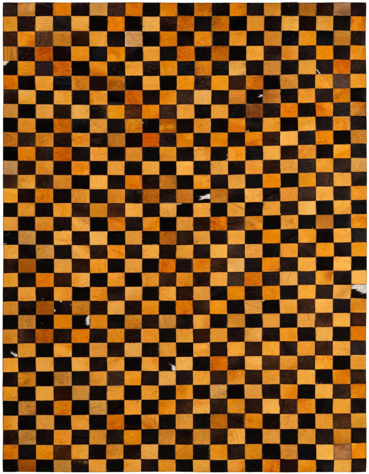 A 5x8 rectangular Cowhide Patchwork rug featuring a modern checkerboard pattern in varying shades of orange and black.