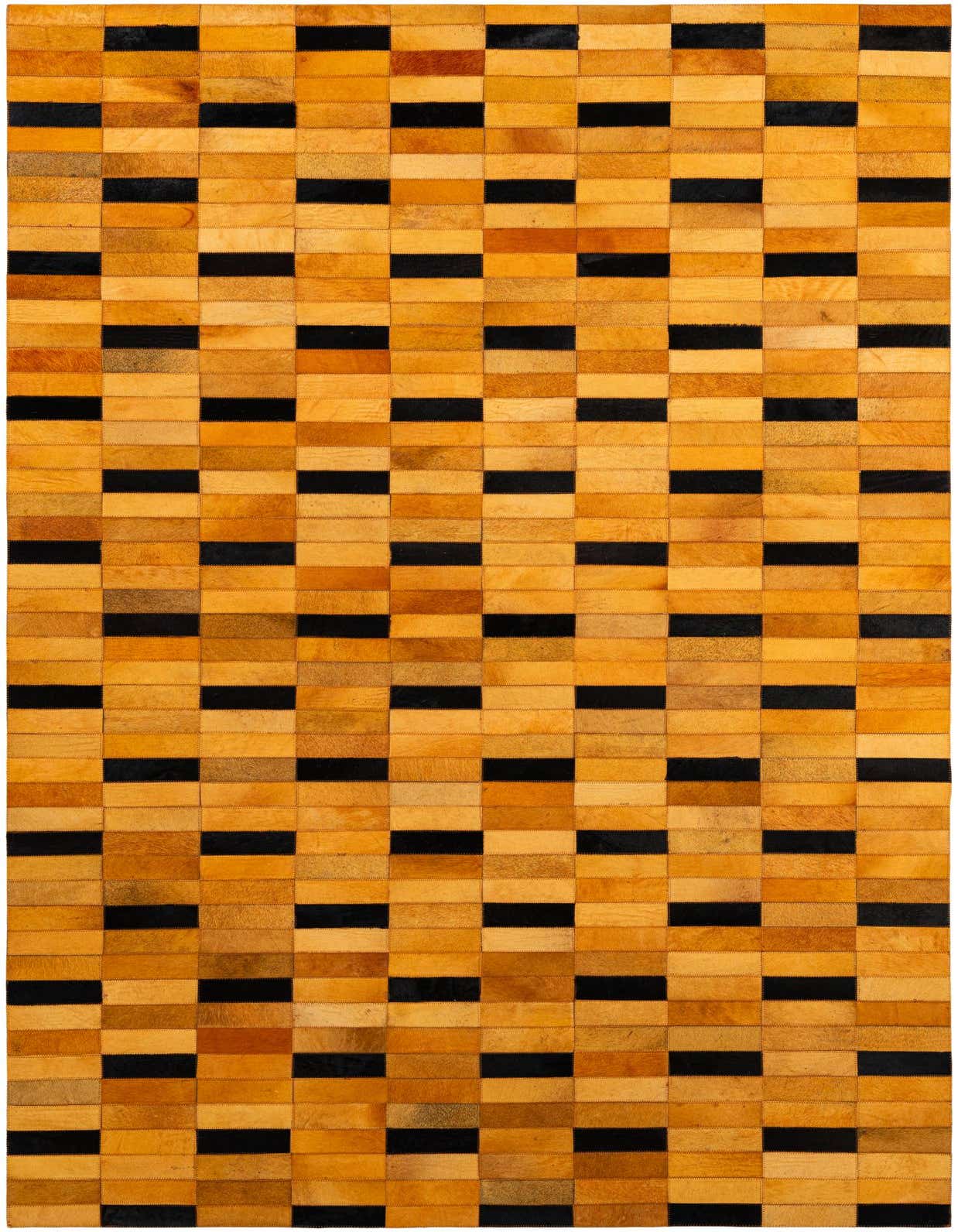 A 5x8 rectangular Cowhide Patchwork rug featuring a modern stripe pattern in varying shades of orange and black.