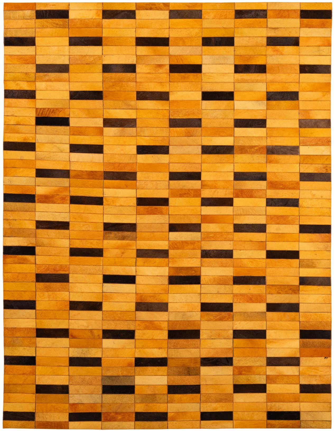 A 5x8 rectangular Cowhide Patchwork rug featuring a modern pattern of alternating orange and dark brown rectangular patches.