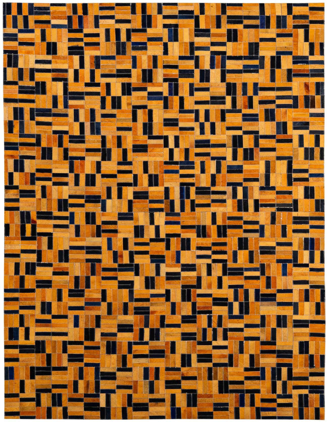 A 5x8 rectangular Cowhide Patchwork rug featuring a modern stripe pattern in various shades of orange and dark blue, suitable for a living room.