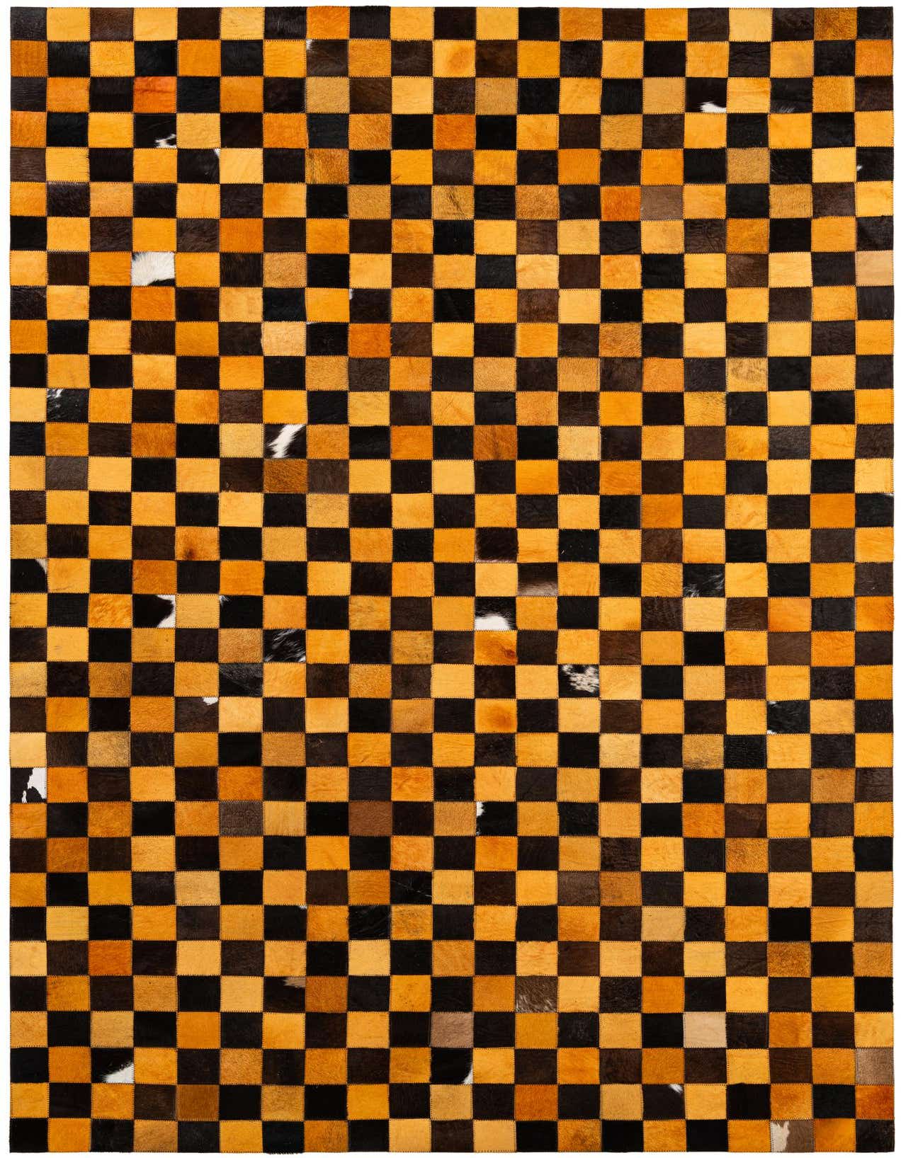 A rectangular 5x8 modern patchwork rug made from cowhide and leather, featuring alternating orange and dark brown squares, with some squares showing natural white and black cowhide patterns.