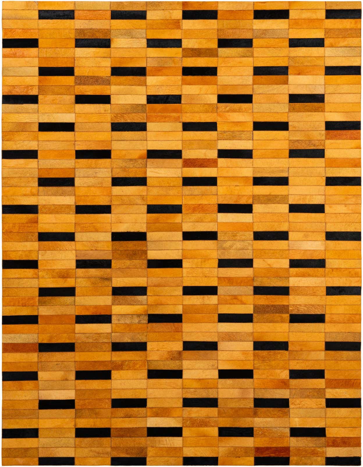 A 5x8 rectangular Cowhide - Patchwork rug featuring a modern stripe pattern of alternating orange and black rectangular patches.