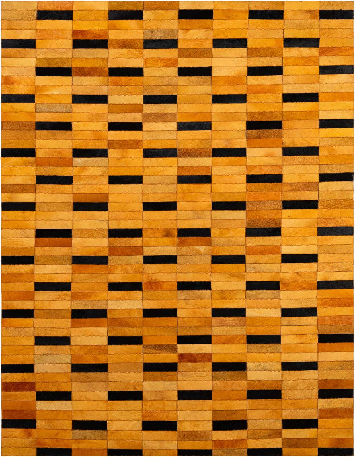 A 5x8 rectangular Cowhide - Patchwork rug featuring a modern pattern of alternating orange and black horizontal strips, perfect for a living room.