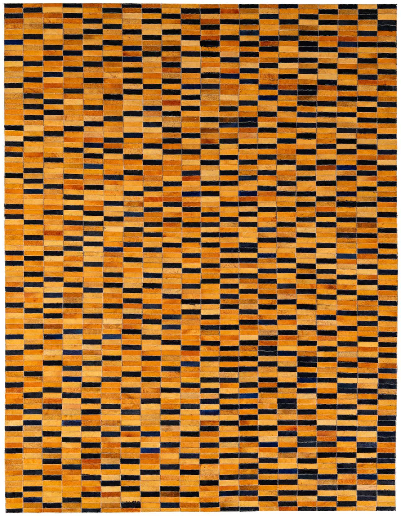 A 5x8 rectangular cowhide rug with a modern stripe pattern in varying shades of orange and black, suitable for a living room.