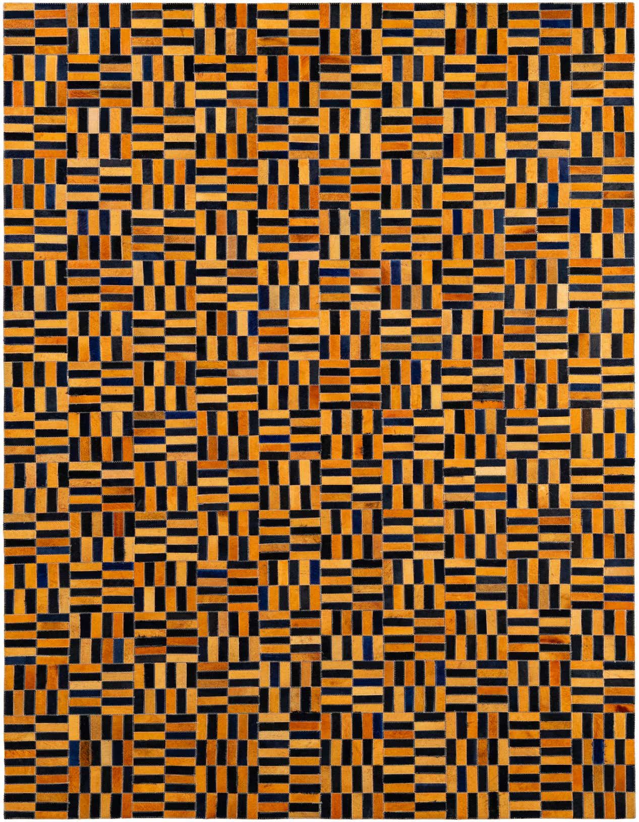 A 5x8 rectangular Cowhide Patchwork rug featuring a modern stripe pattern in varying shades of orange and dark blue, suitable for a living room.