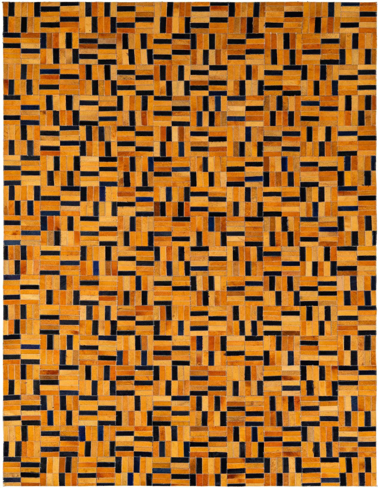 A 5x8 rectangular orange and black modern patchwork cowhide rug with a striped pattern, suitable for a living room.