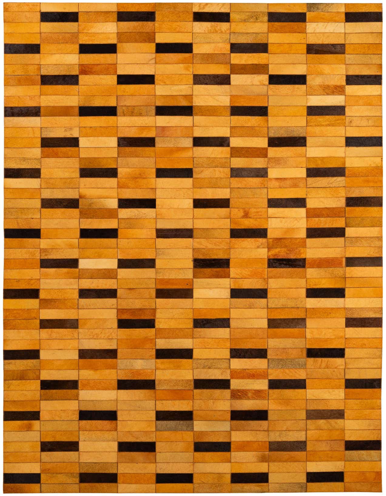 5x8 rectangular Cowhide - Patchwork rug featuring a modern stripe pattern in varying shades of orange and brown.