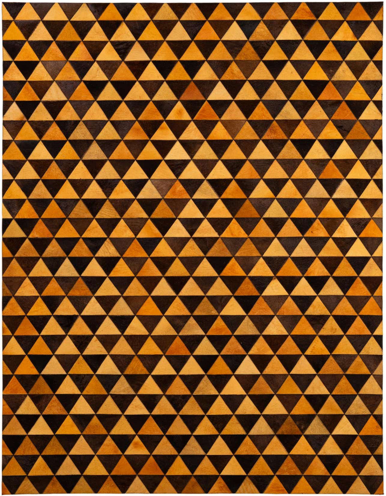 A 5x8 rectangular Cowhide - Patchwork rug featuring a modern geometric pattern of alternating orange and dark brown triangles.