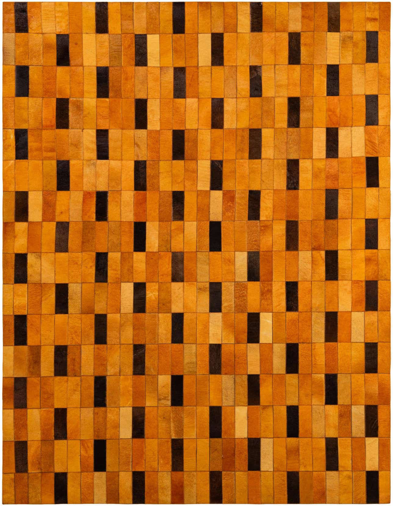 A 5x8 rectangular Cowhide Patchwork rug featuring a modern stripe pattern in varying shades of orange and dark brown.