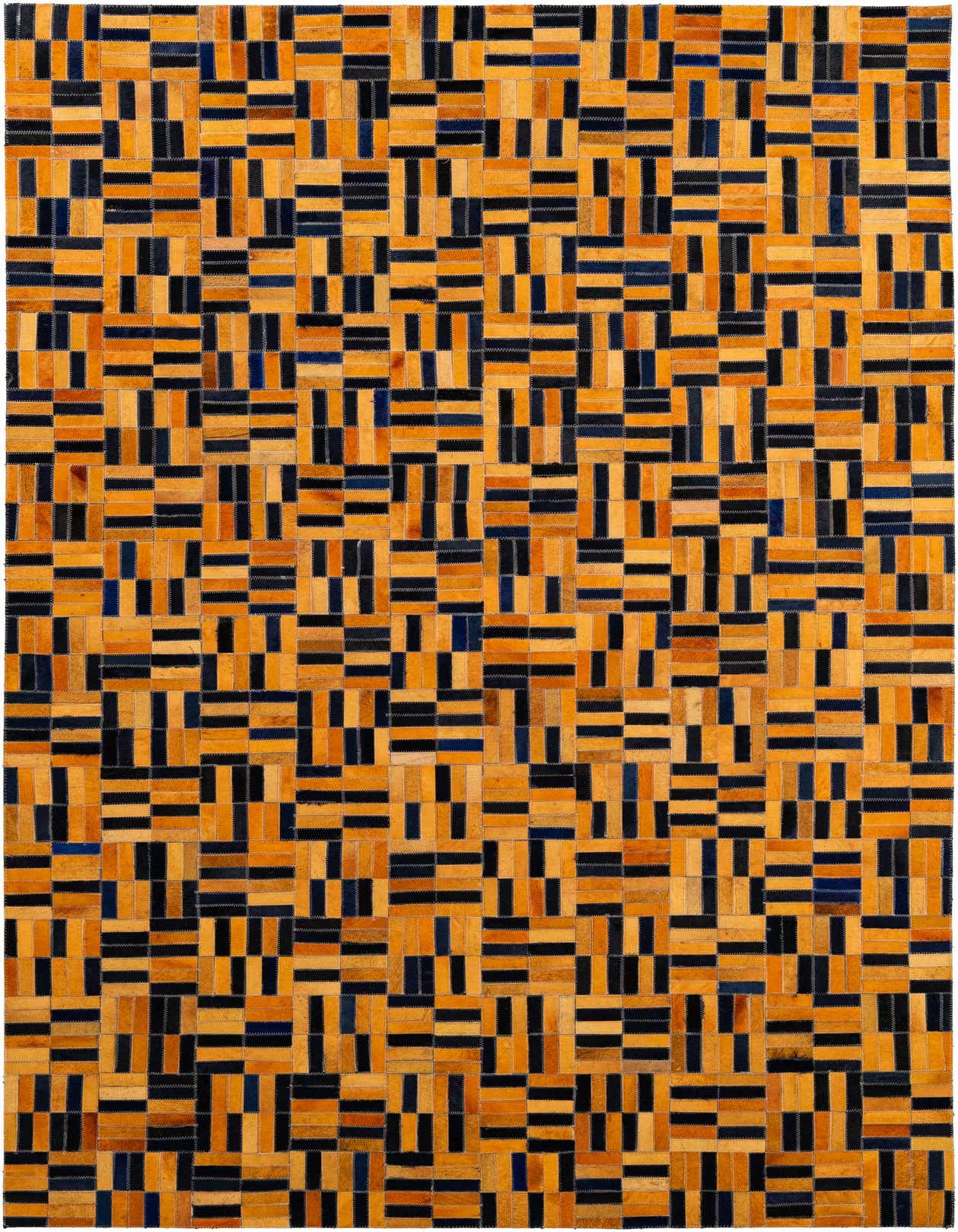 A rectangular 5x8 modern patchwork rug made of cowhide and leather, featuring a geometric pattern of orange and dark blue rectangular pieces.