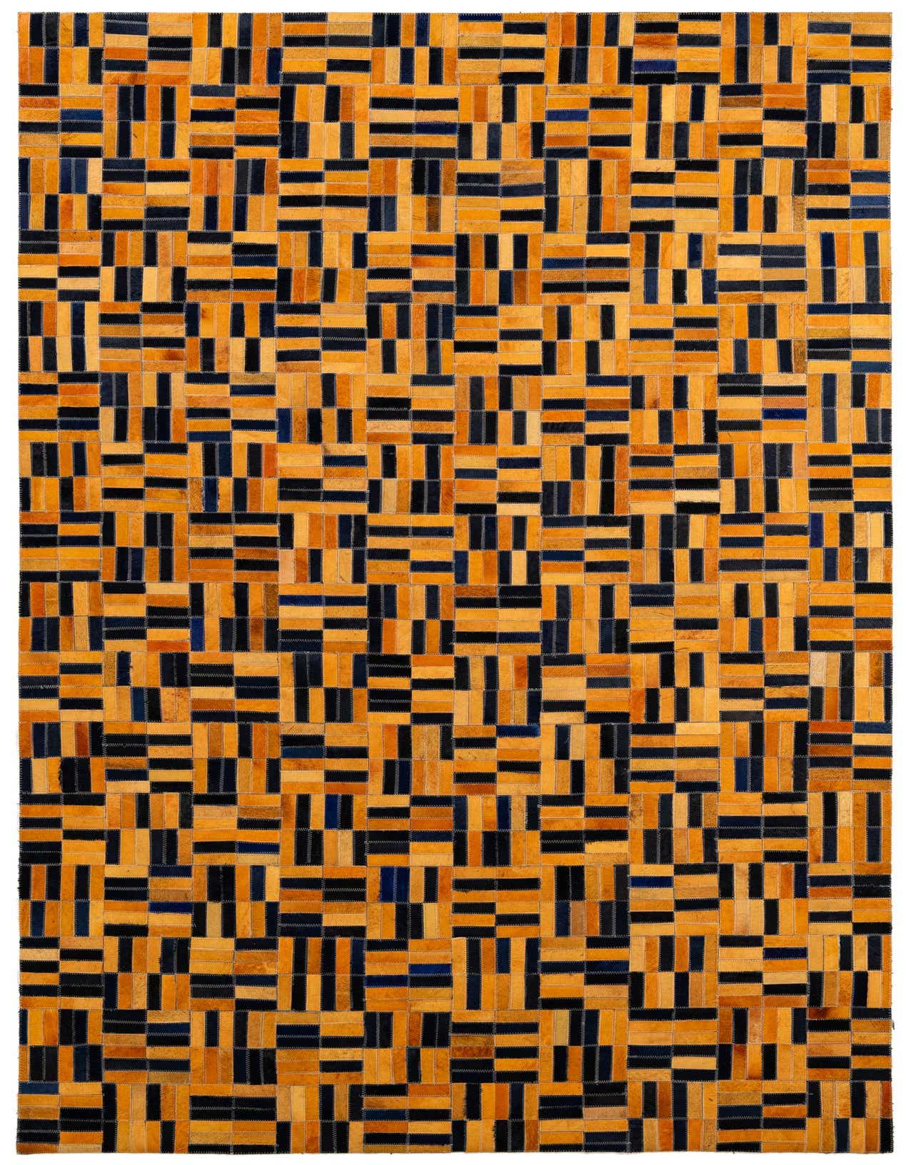 A 5x8 rectangular Cowhide Patchwork rug featuring a modern geometric pattern of orange and dark blue leather rectangles.
