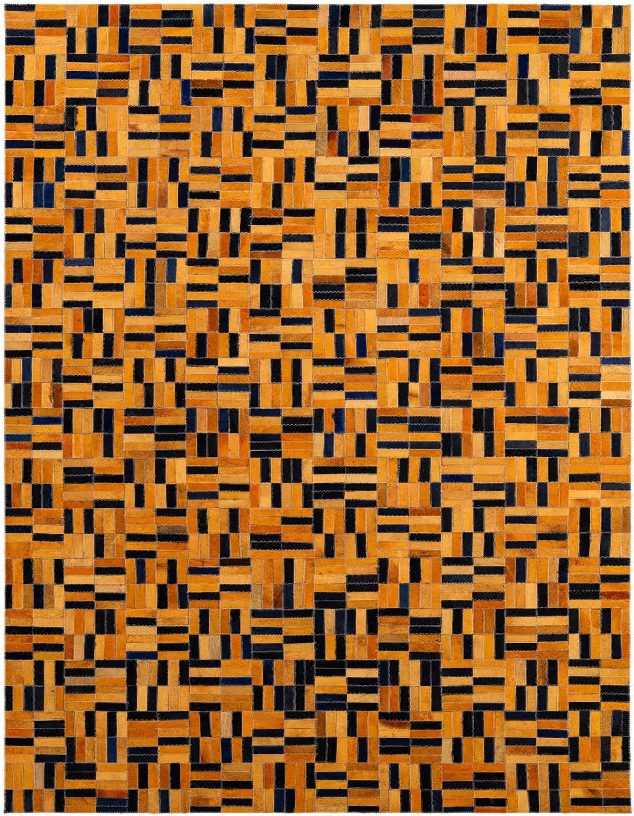 A 5x8 rectangular cowhide rug with a modern patchwork stripe pattern in varying shades of orange and dark blue.