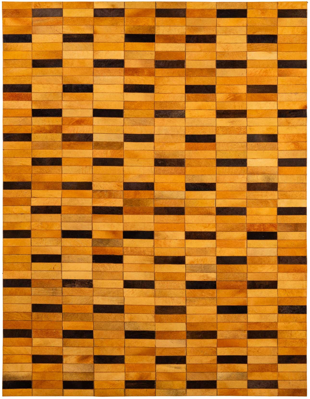 A 5x8 rectangular Cowhide - Patchwork rug featuring a modern stripe pattern in varying shades of orange and brown.