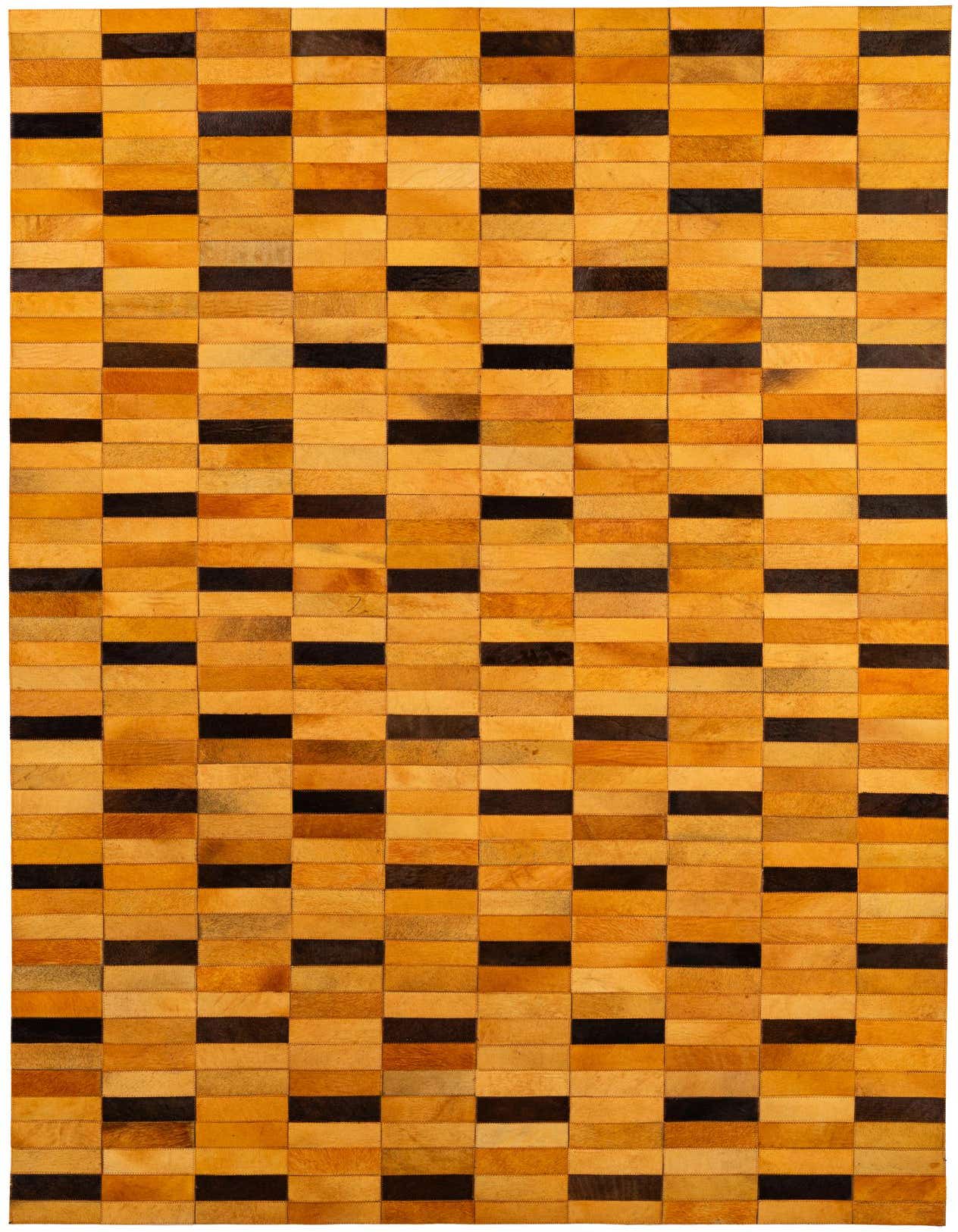 A 5x8 rectangular Cowhide Patchwork rug featuring a modern stripe pattern in varying shades of orange and dark brown.