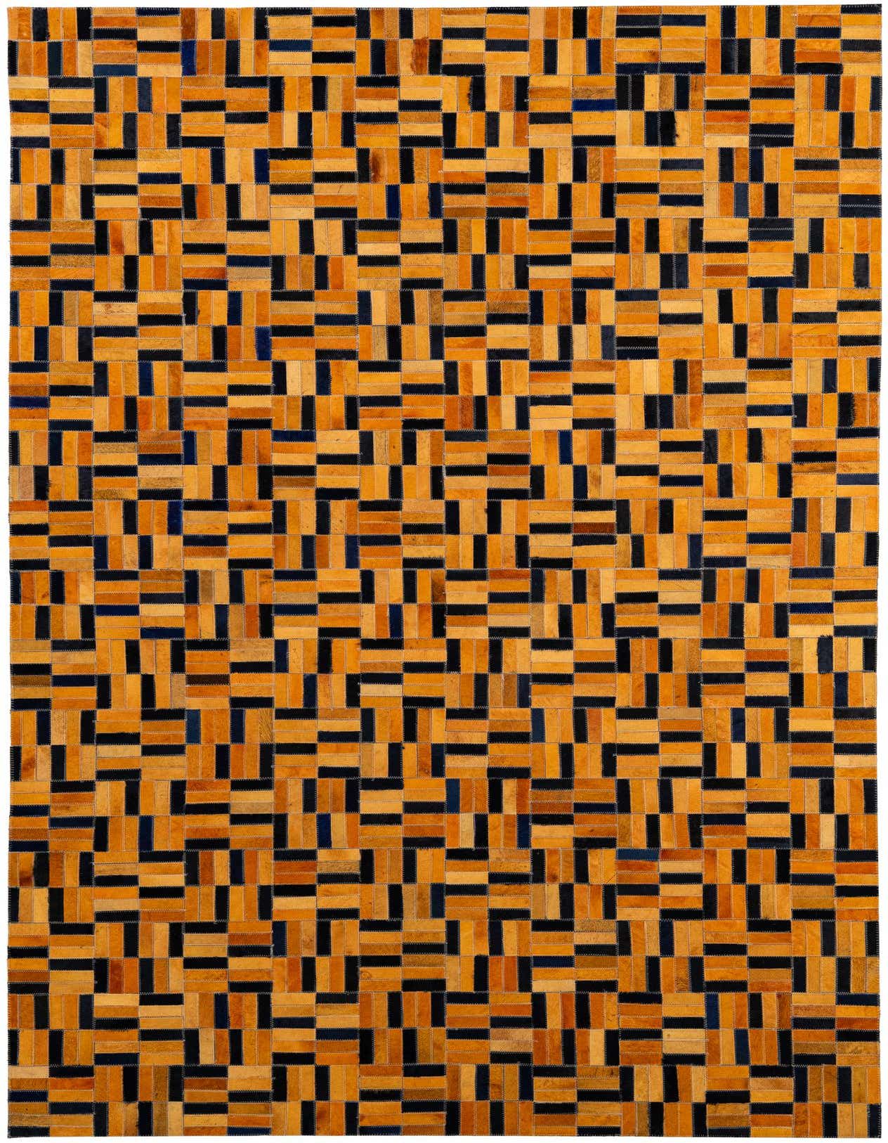 A 5x8 rectangular Cowhide Patchwork rug featuring a modern geometric pattern of orange and dark blue leather rectangles.