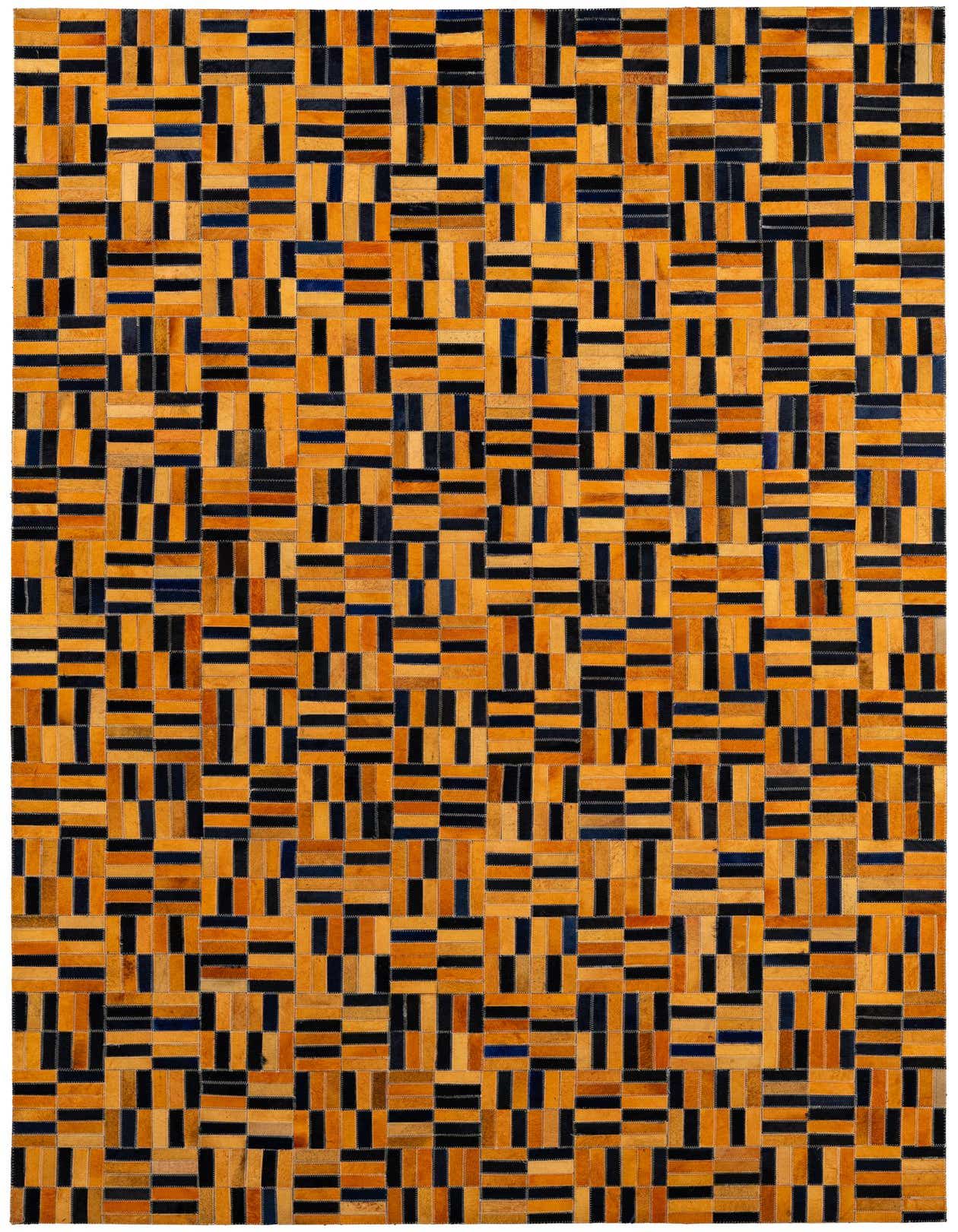 A 5x8 rectangular cowhide rug featuring a modern patchwork of orange and dark blue rectangular strips.