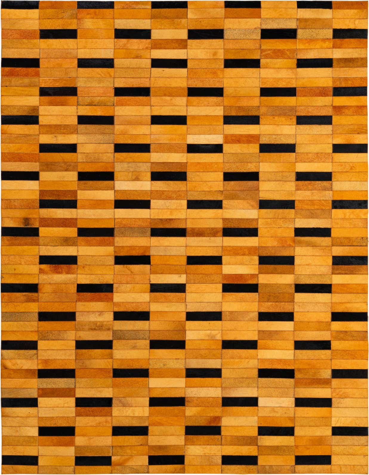 A 5x8 rectangular cowhide rug with a modern stripe pattern, featuring alternating orange and black rectangular patches.