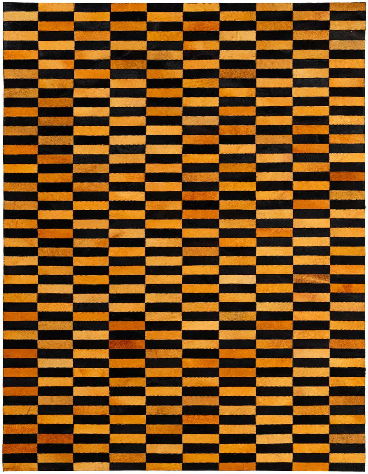 A 5x8 rectangular Cowhide - Patchwork rug featuring a modern stripe pattern in varying shades of orange and black, suitable for a living room.