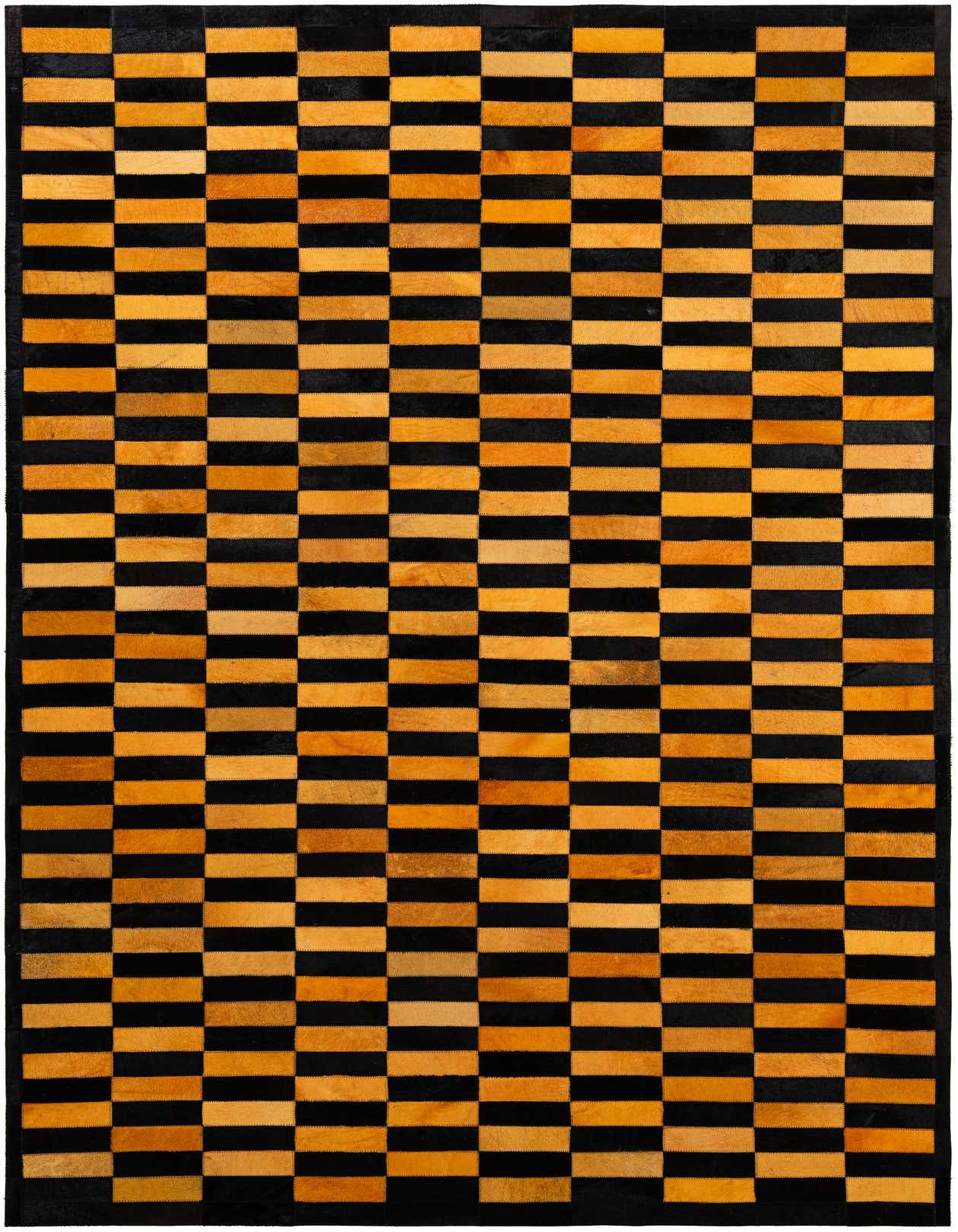 A 5x8 rectangular cowhide rug featuring a modern checkerboard pattern of alternating orange and black patches.