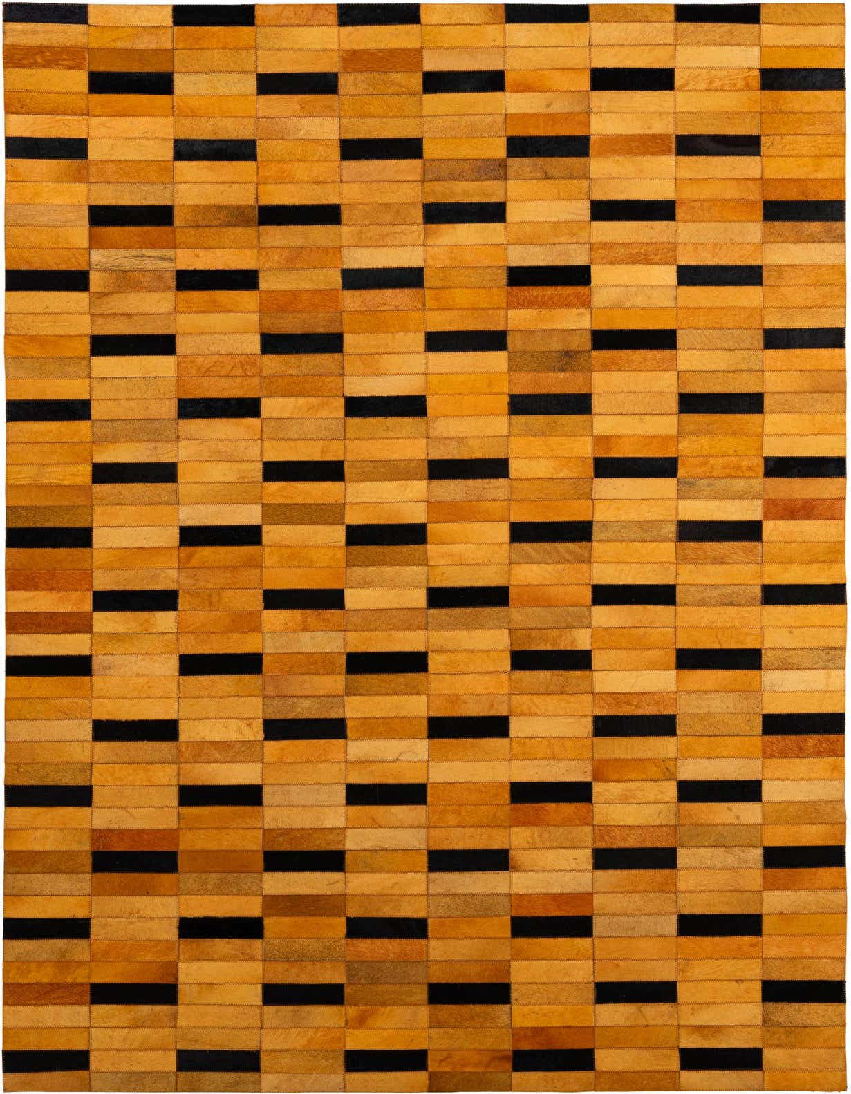 A 5x8 rectangular Cowhide - Patchwork rug featuring a modern stripe pattern of alternating orange and black rectangular patches.