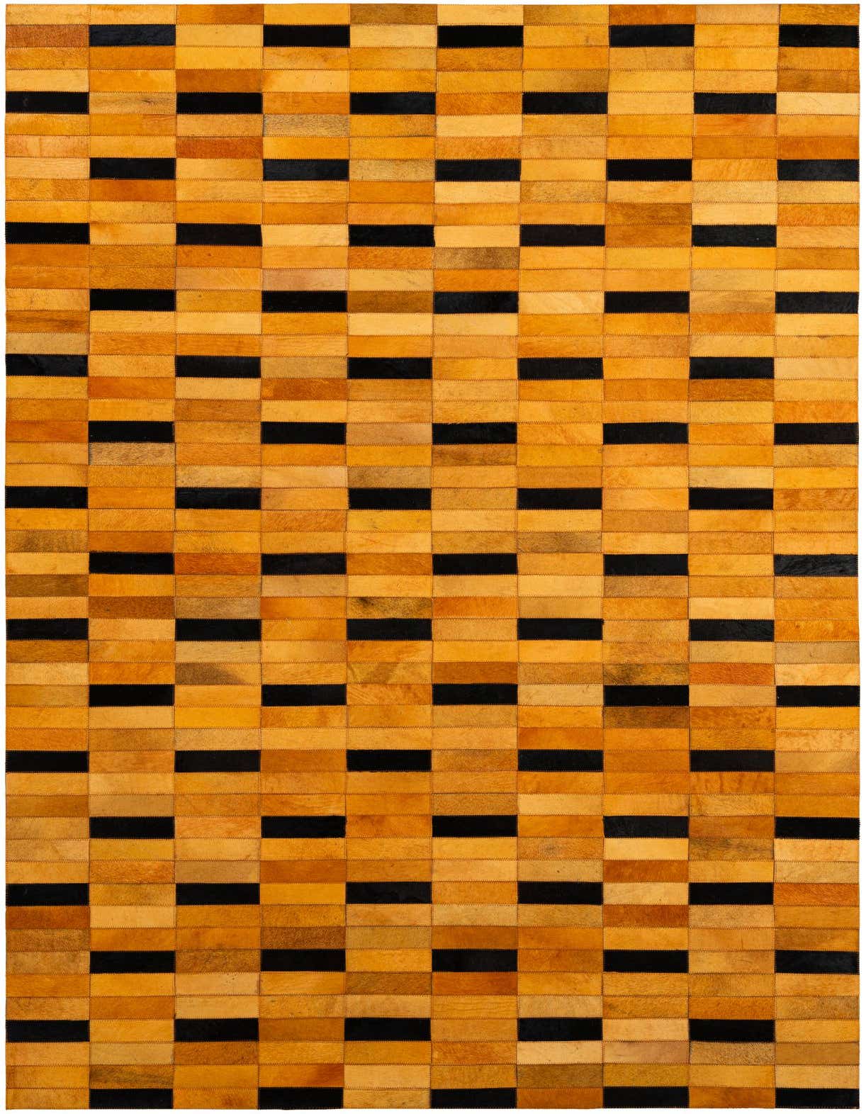 A 5x8 rectangular cowhide rug featuring a modern patchwork stripe pattern in varying shades of orange and black.