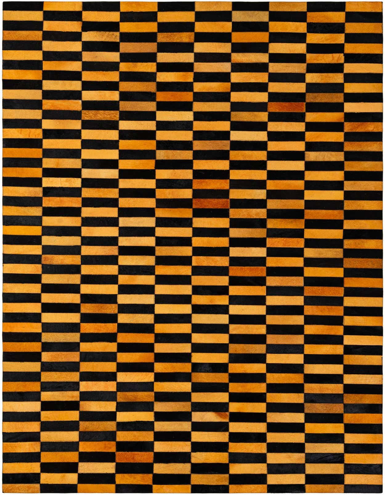 A rectangular 5x8 modern rug featuring a checkerboard pattern of alternating orange and black cowhide patches.