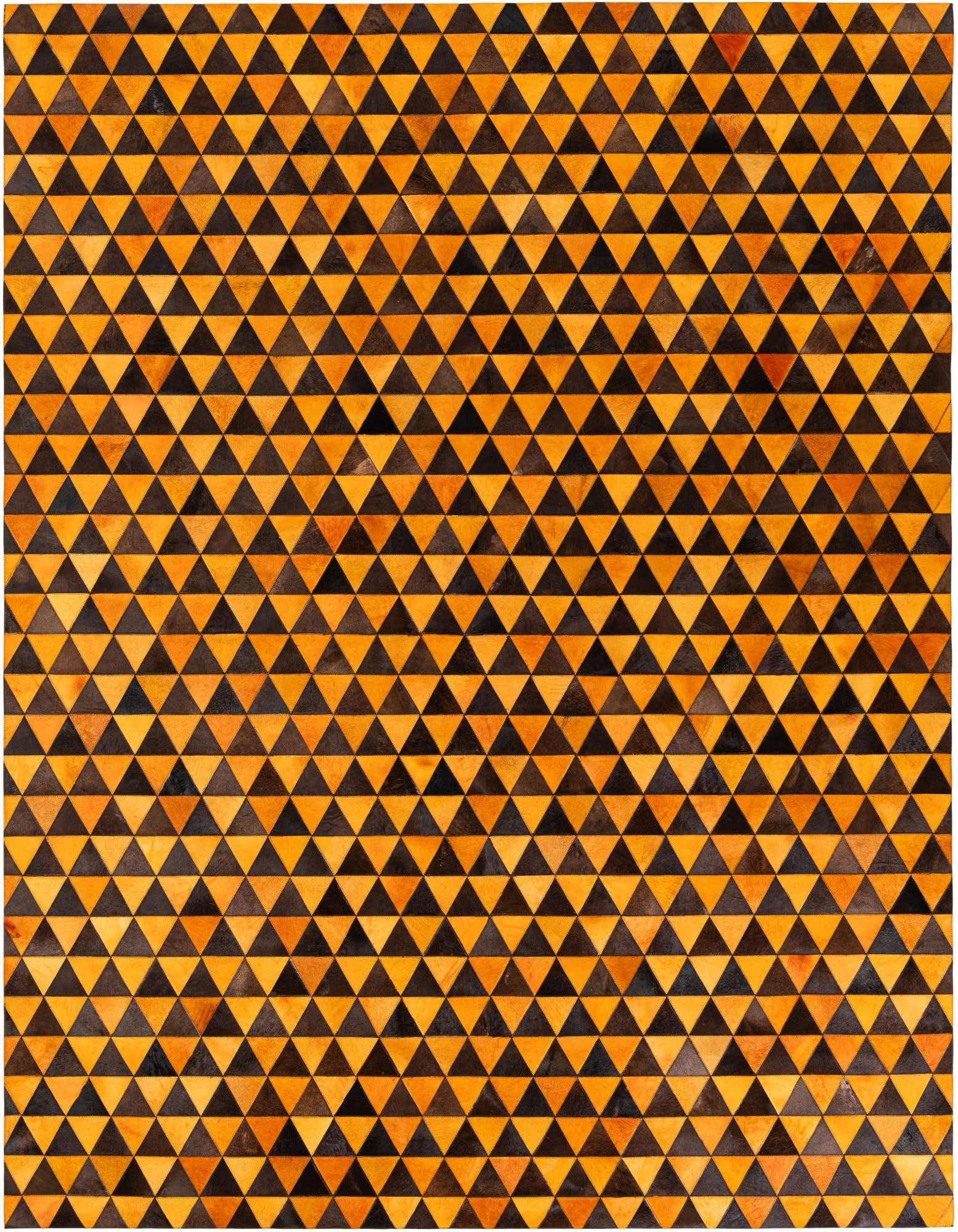 A rectangular 8x10 orange and black modern cowhide rug with a repeating triangular geometric pattern.