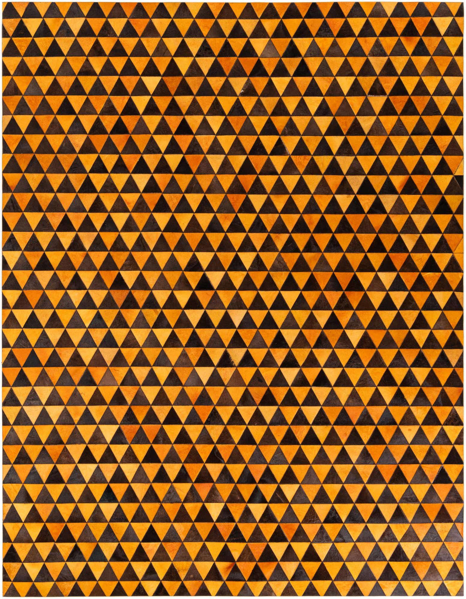 8x10 rectangular Cowhide Stocks rug featuring a geometric patchwork pattern of alternating orange and black triangles.