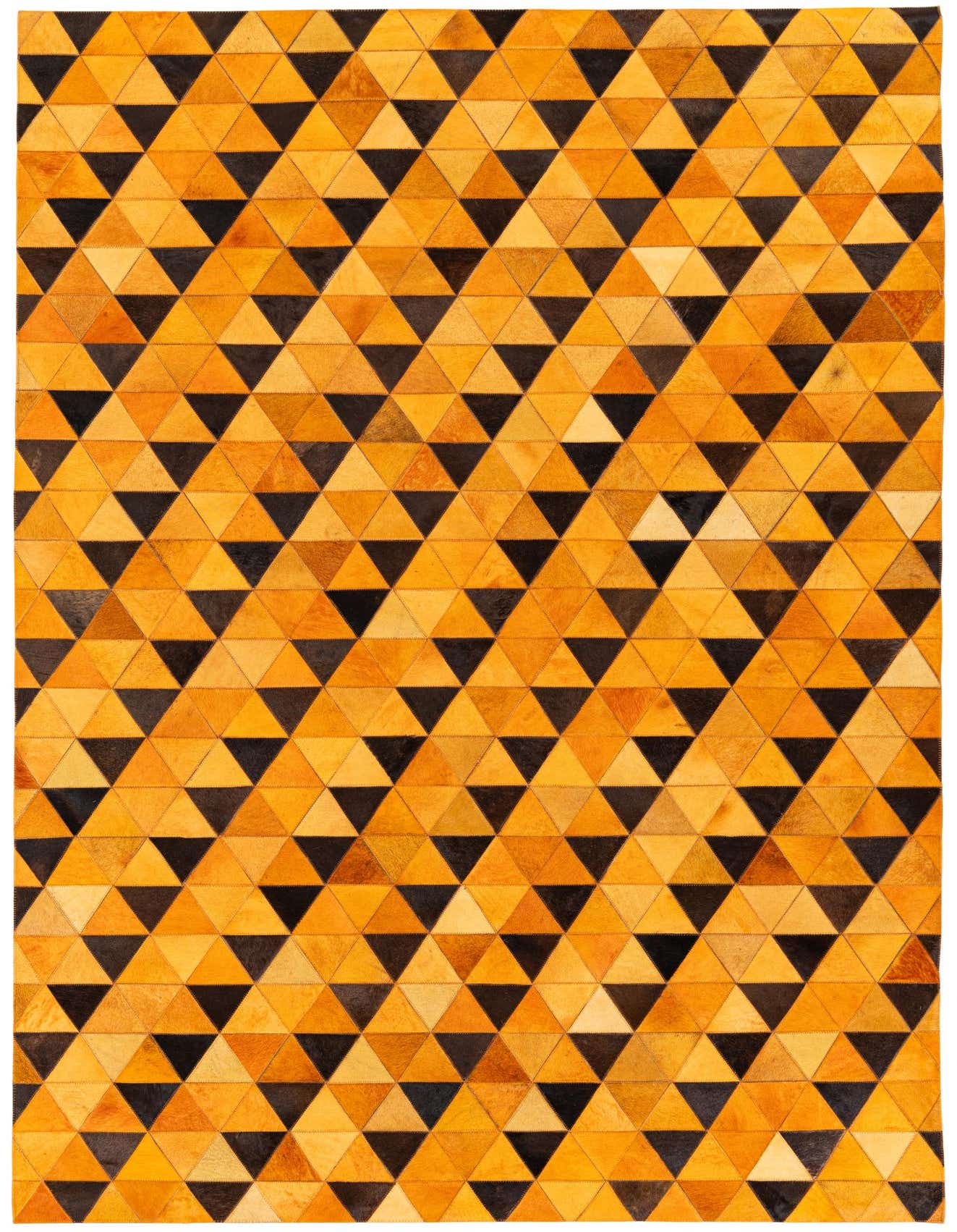 A 5x8 rectangular Cowhide Stocks rug from Rugs.com featuring a modern geometric pattern of alternating orange and dark brown triangles.