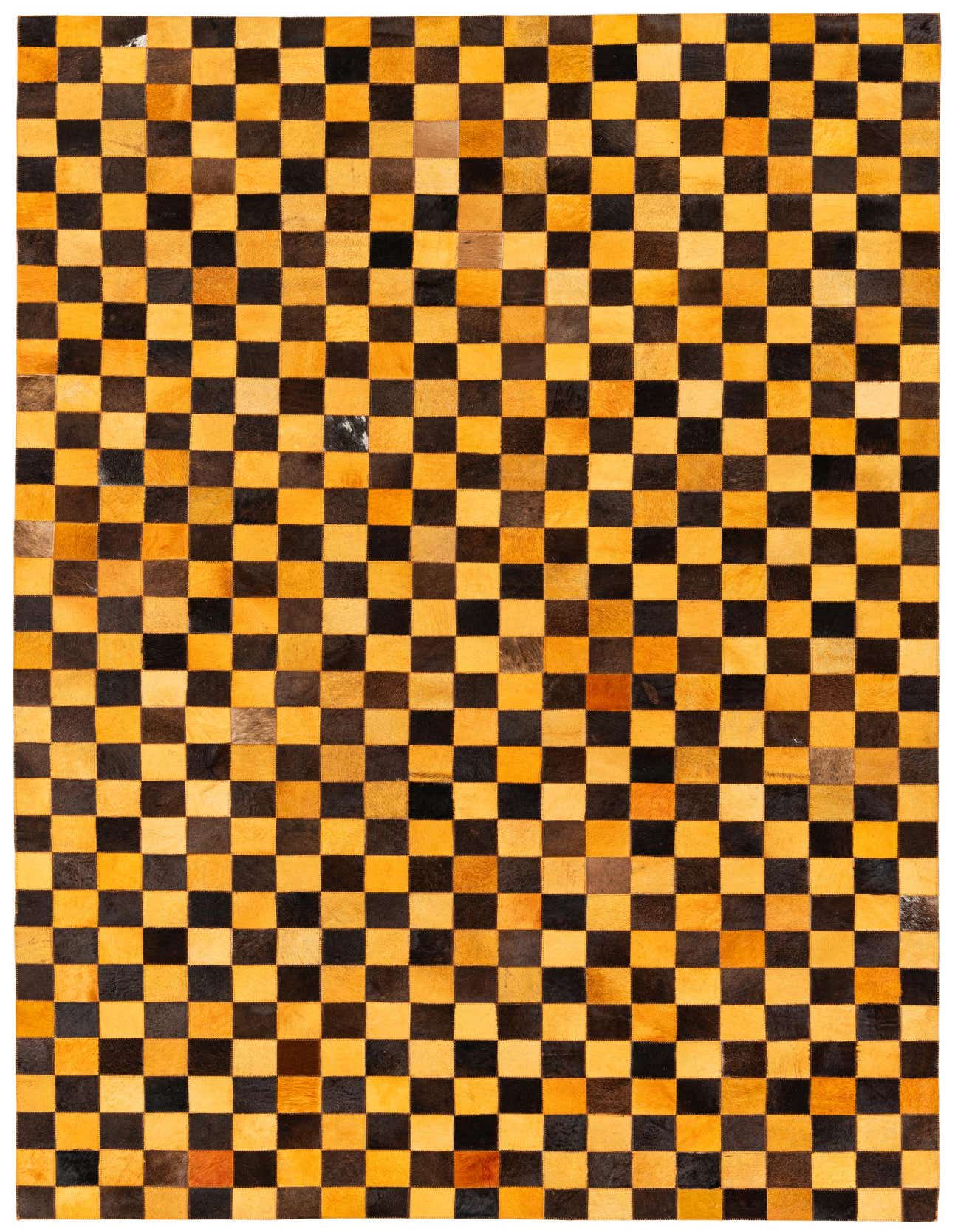 A 5x8 rectangular modern cowhide rug featuring a checkerboard pattern of alternating orange and dark brown squares.