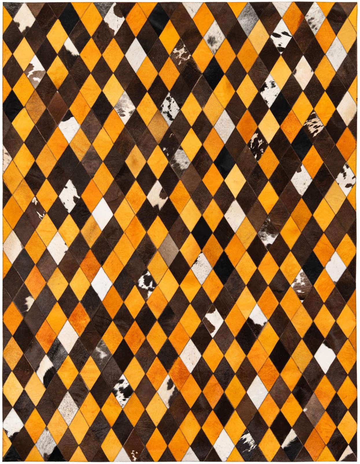 A 5x8 rectangular Cowhide Stocks rug by Rugs.com, featuring a modern diamond pattern in various shades of orange, brown, black, and white.