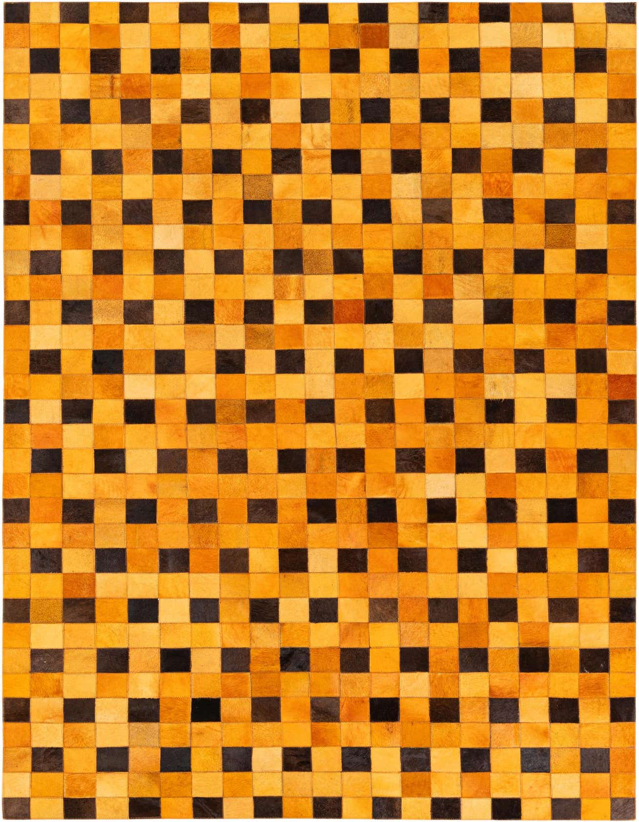 A 5x8 rectangular Cowhide Stocks rug from Rugs.com, featuring a modern checkerboard pattern of varying orange and dark brown squares, ideal for a living room or bedroom.