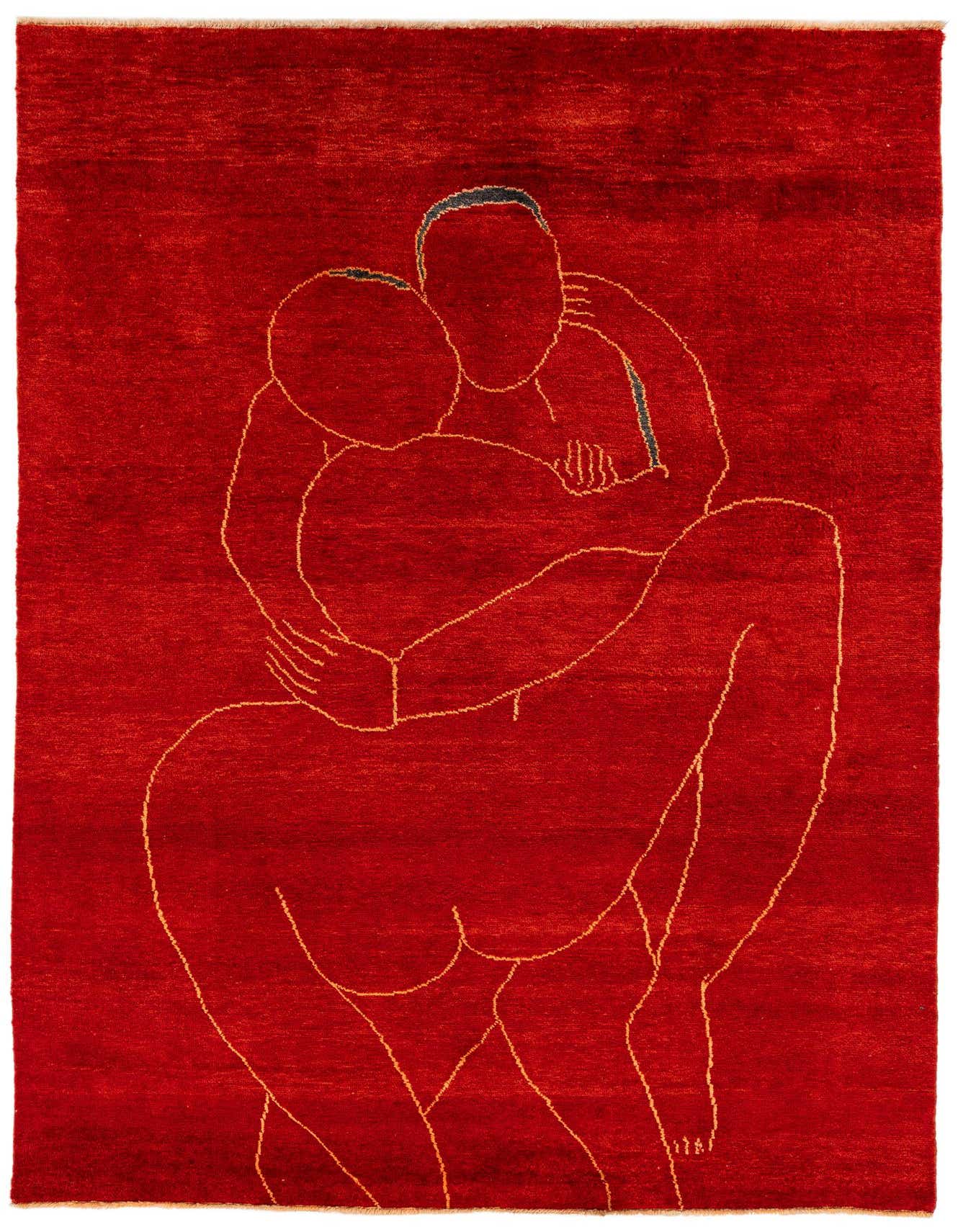 A 7x10 rectangular Darya rug with a modern abstract design of two figures embracing, in shades of orange and red.