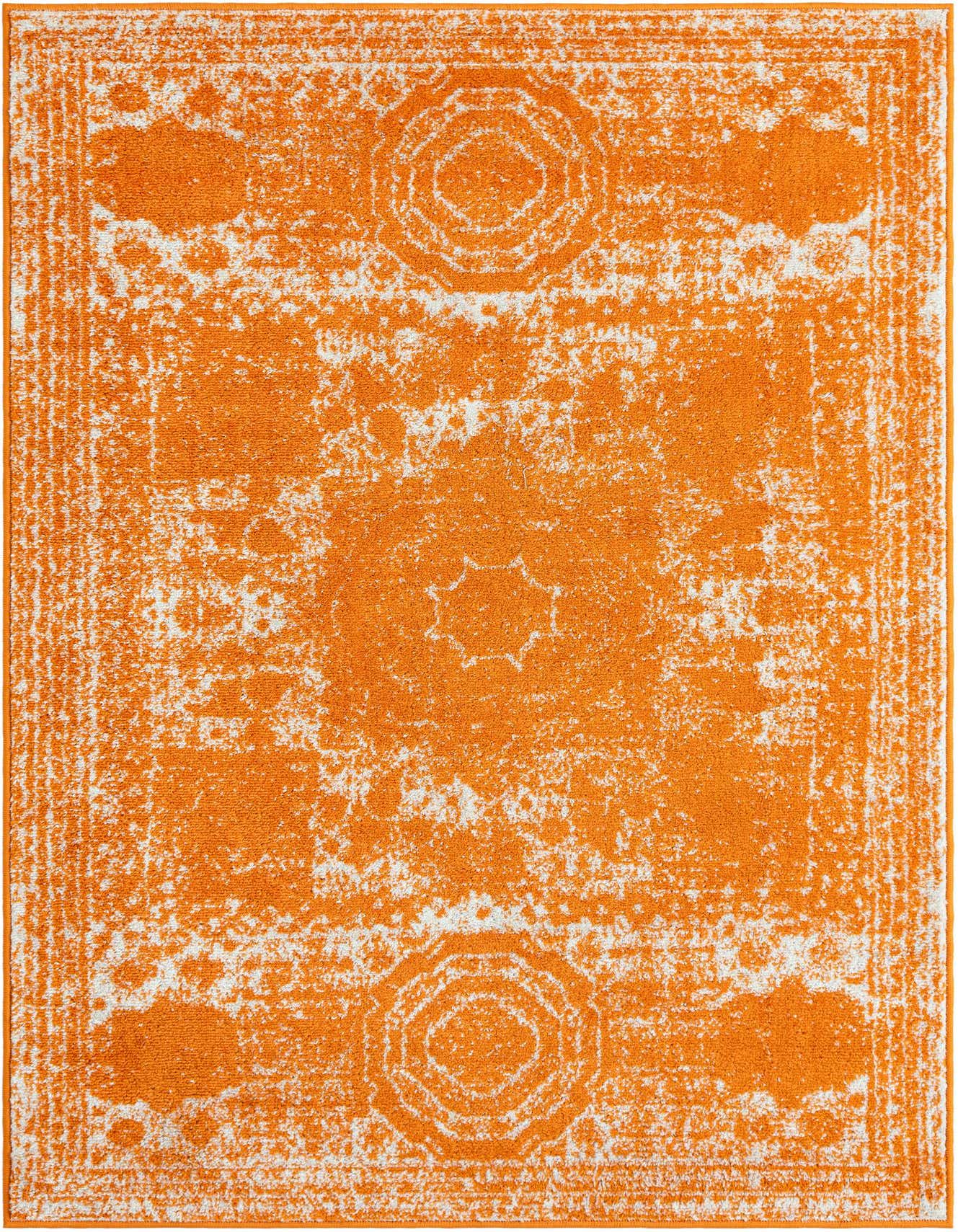 A 4x6 rectangular orange and white distressed area rug with a subtle medallion pattern.