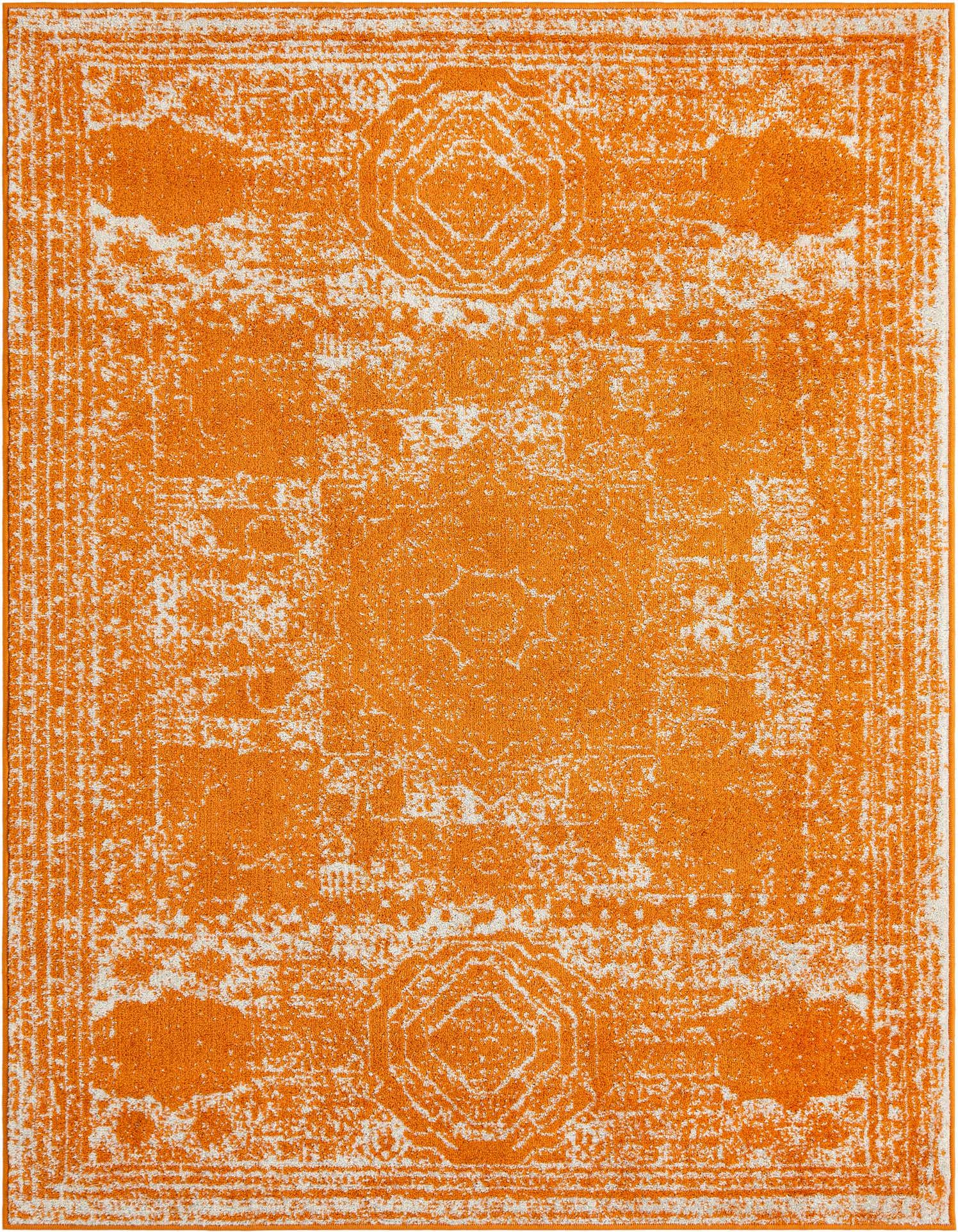 A 5x7 rectangular orange and white distressed area rug with a subtle geometric pattern, suitable for indoor use.