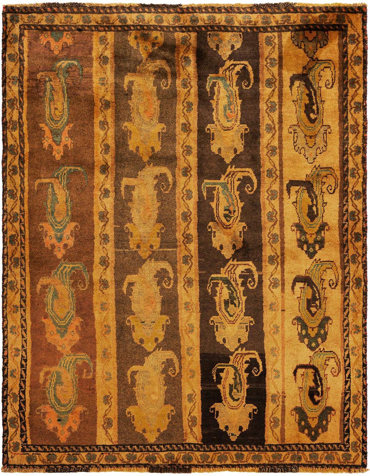 A 4x6 rectangular Gabbeh rug featuring vertical stripes of orange, brown, and tan with stylized Persian paisley patterns.