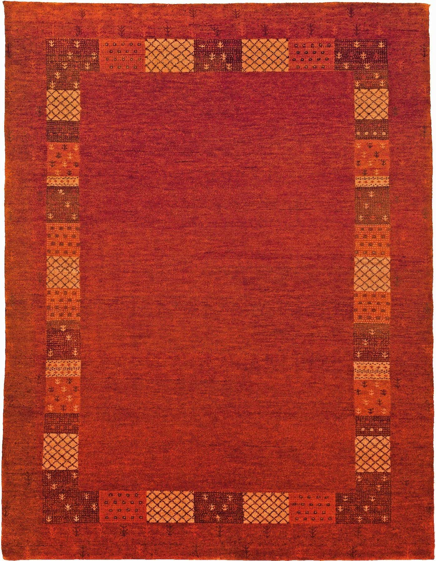 A 4x6 rectangular orange Gabbeh rug with a solid reddish-orange field and a border of alternating patterned squares in lighter orange and brown tones.