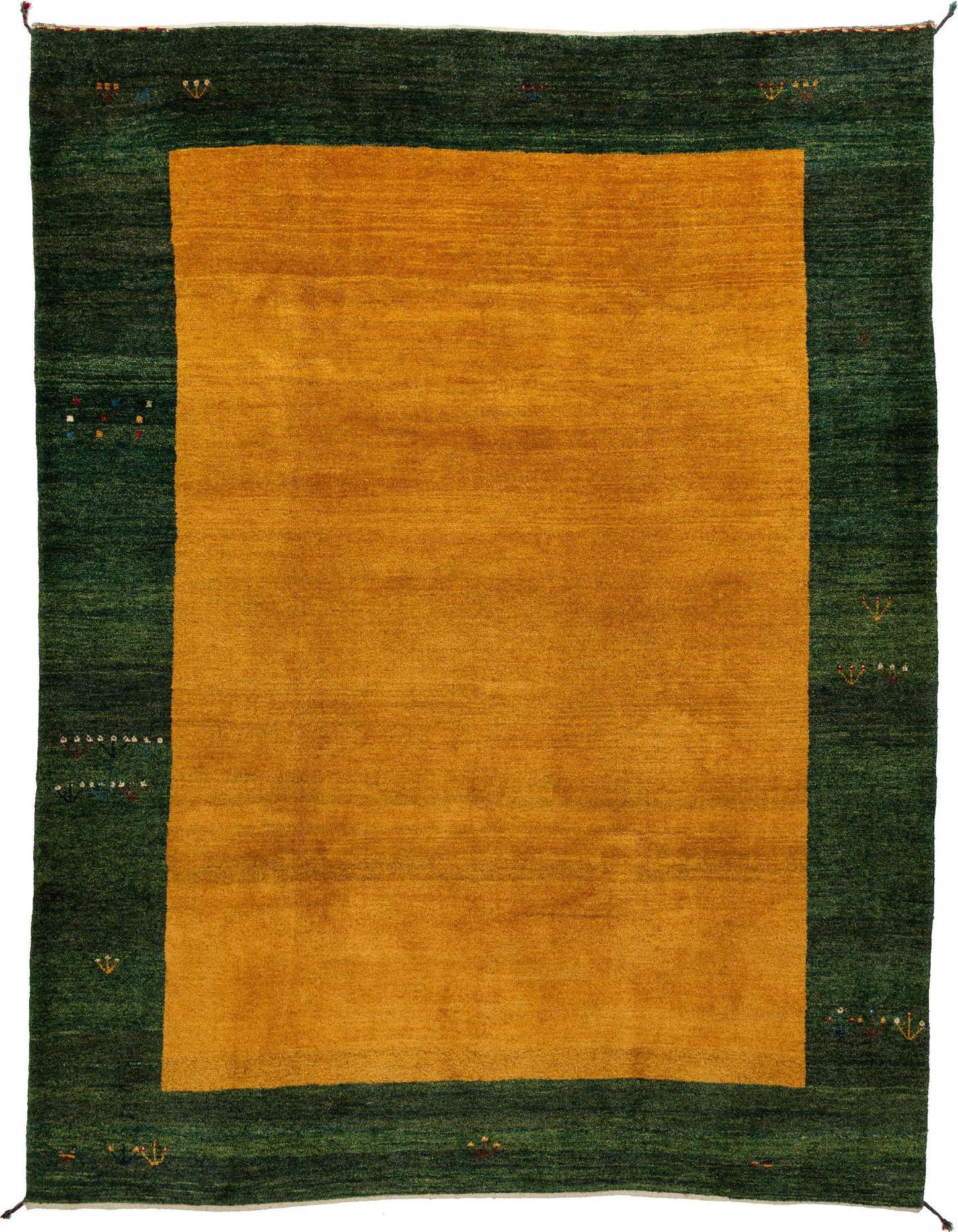 A 6x9 rectangular Gabbeh Shouli rug with a solid orange center and a dark green border featuring small, colorful abstract motifs.