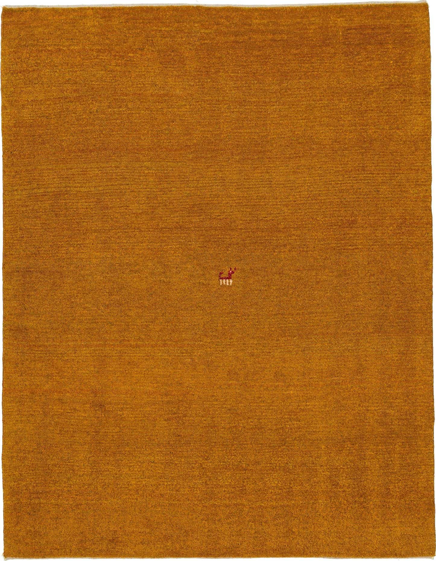 A 5x8 rectangular orange modern Gabbeh Shouli rug made of sheep virgin wool, handmade with a medium pile.