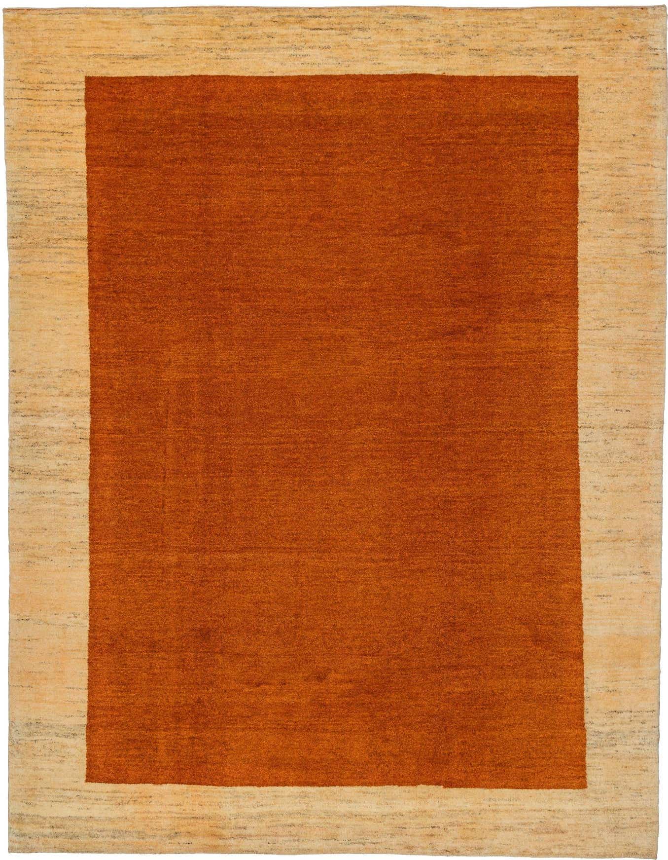 A 6x9 rectangular modern Gabbeh Shouli rug with a solid orange center and a lighter, textured orange border.