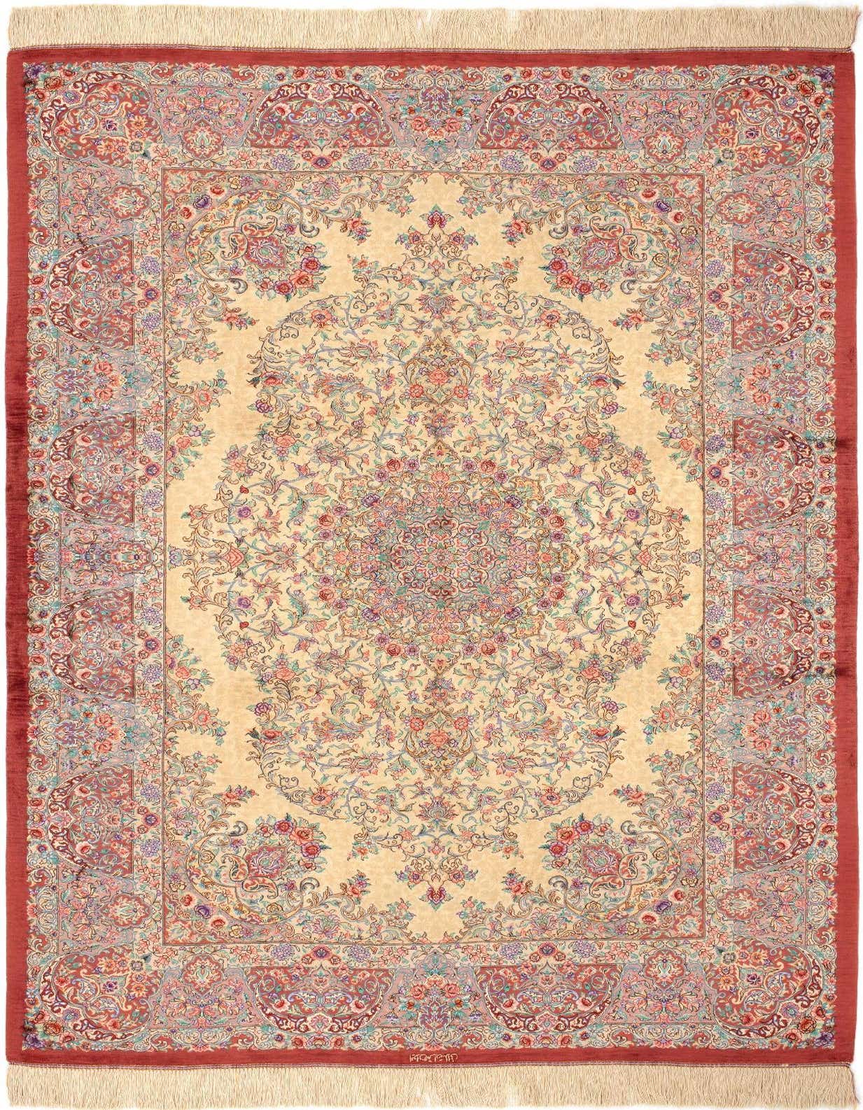 A 4x6 rectangular Persian rug with a cream field and intricate floral medallion in oranges, reds, and blues, bordered by a rich red frame.