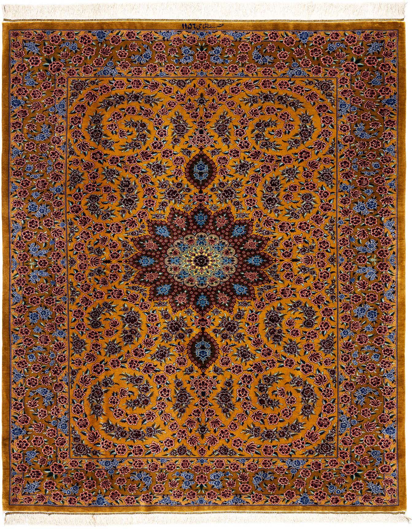 A 4x6 rectangular Ghom Silk Persian rug in rich orange, featuring intricate floral patterns and a central medallion in blue, red, and brown.