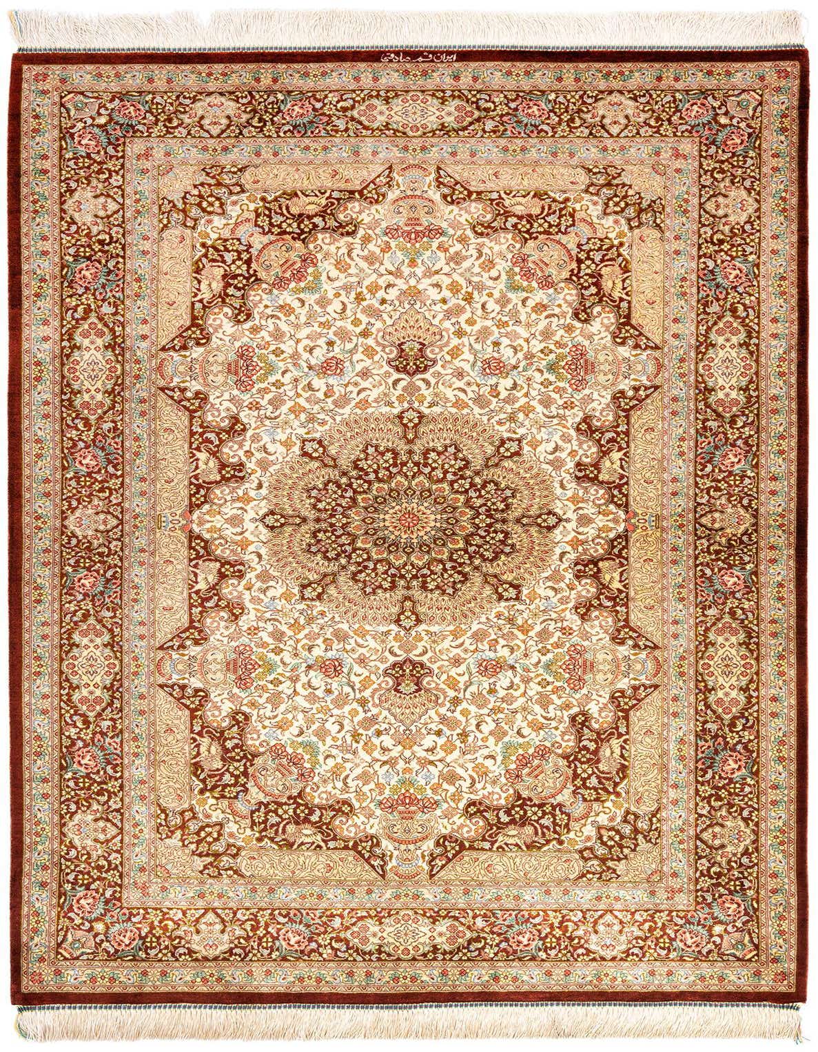 A 3x5 rectangular Persian rug with a cream field, central medallion, and intricate floral patterns in shades of orange, red, and gold, with a deep red border.