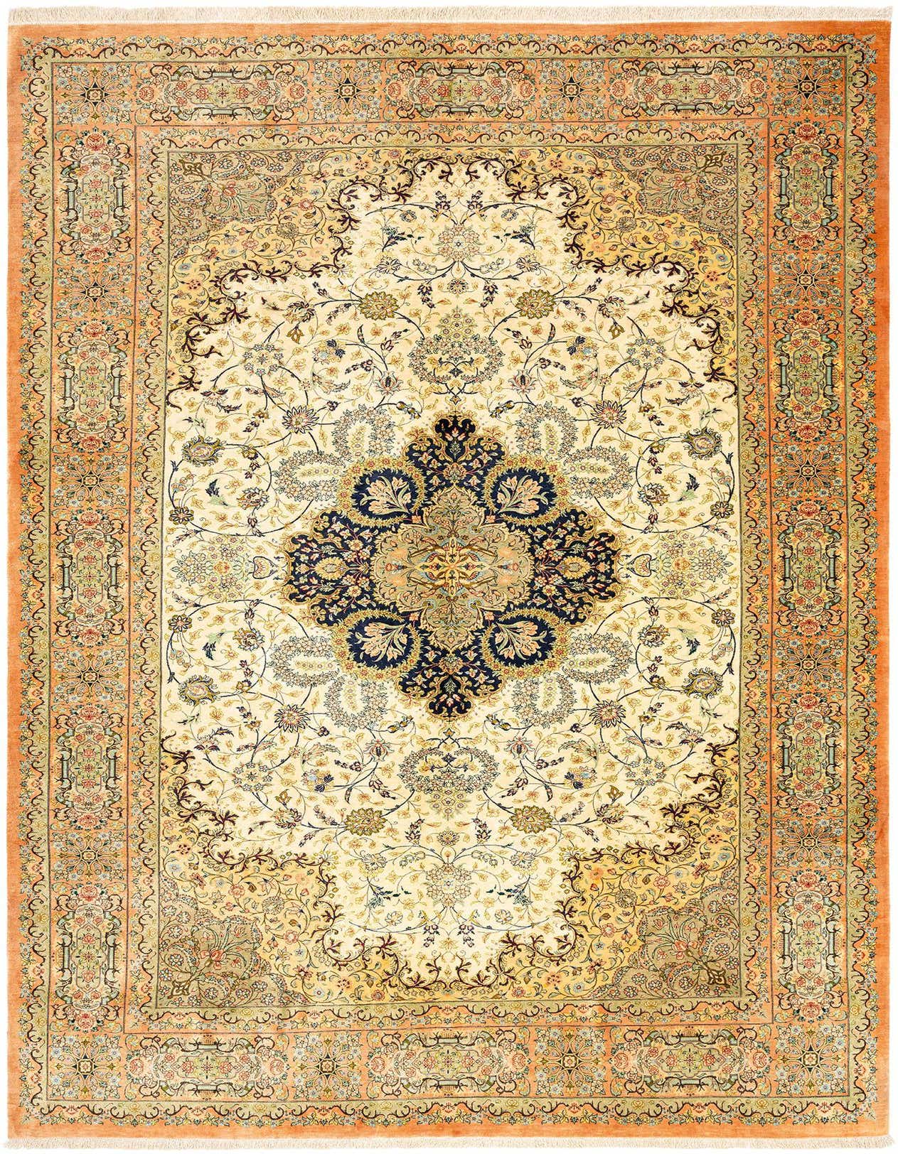 A 6x9 rectangular Persian silk rug with a cream field, a central navy medallion, and an intricate orange border.