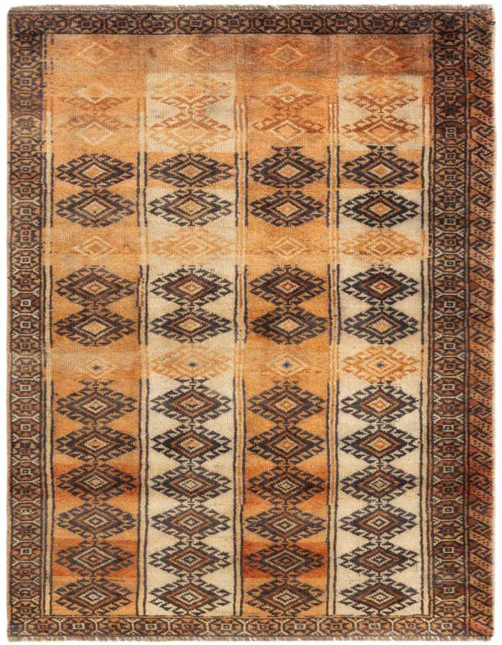 A 3x5 rectangular Hamedan wool rug featuring tribal patterns in shades of orange and cream with a dark border.