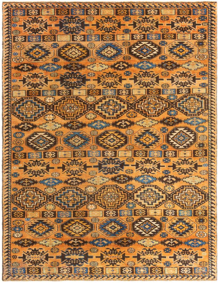 A 3x5 rectangular Hamedan wool rug featuring a traditional tribal pattern in oranges, blues, and browns.