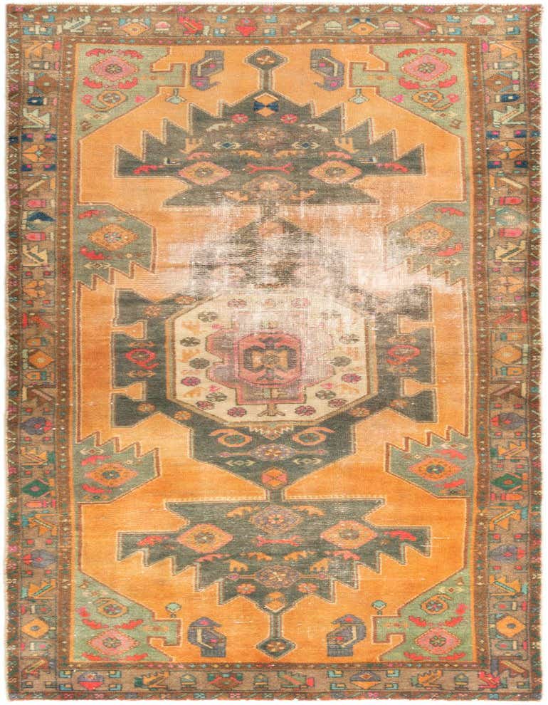 A 3x5 rectangular Hamedan rug featuring a distressed orange field with a dark tribal medallion and intricate border.